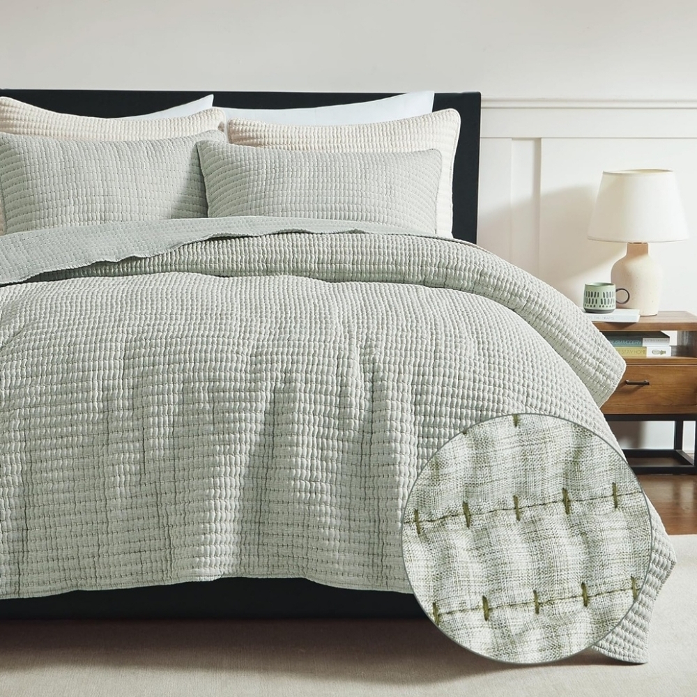 WDCOZY Sage Green Stitch Twin Size Quilt Set